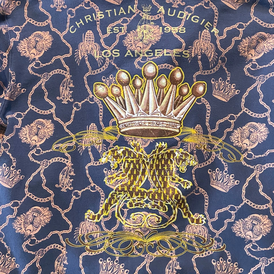 Sudadera con capucha Christian Audigier cremallera completa para hombre talla L (LEER) corona de leopardo azul dorado Foto 4 de 4