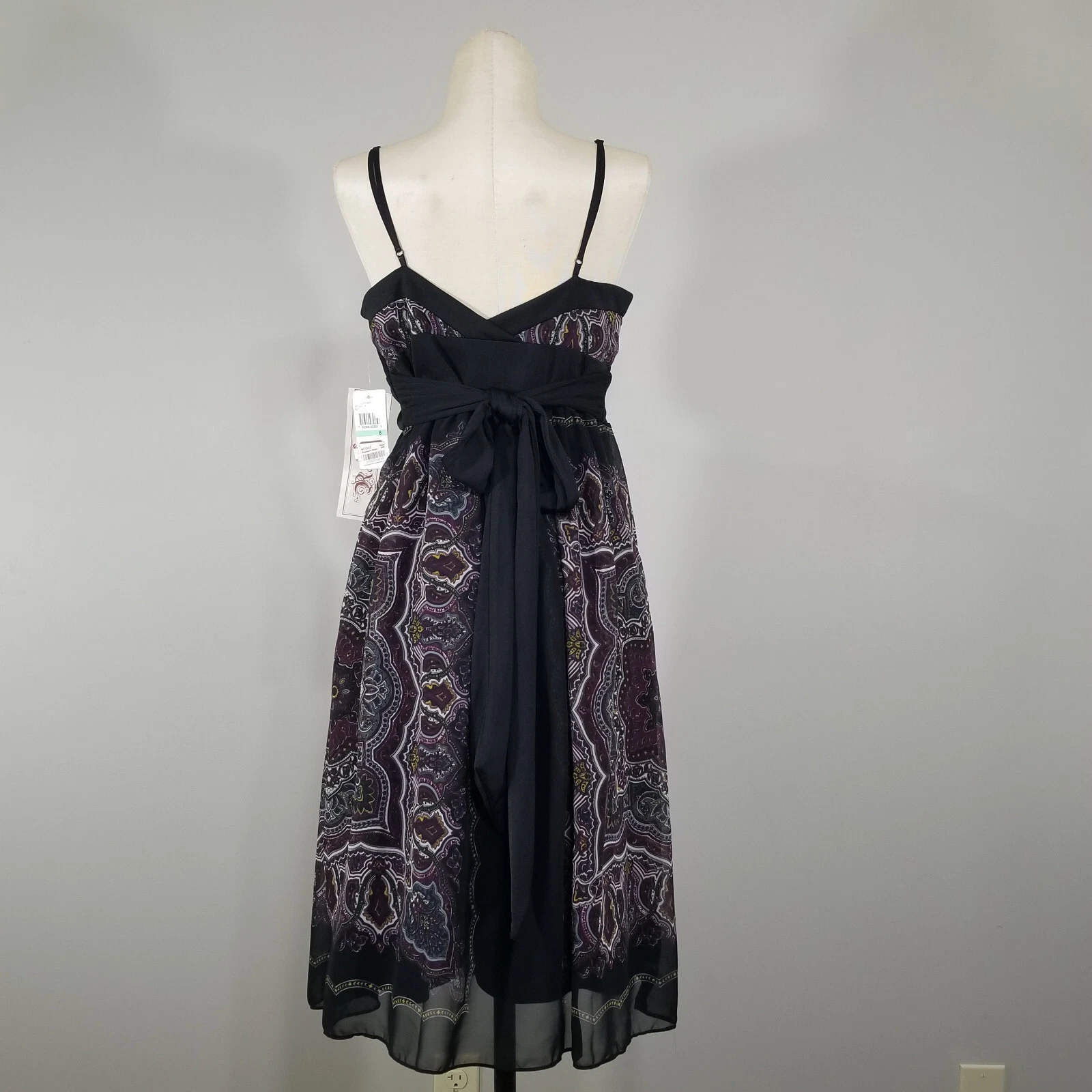 VALENTINO Abito da festa Roulette nero paisley chiffon 8 impero fiocco fascia spaghetti strap nuovo con etichette