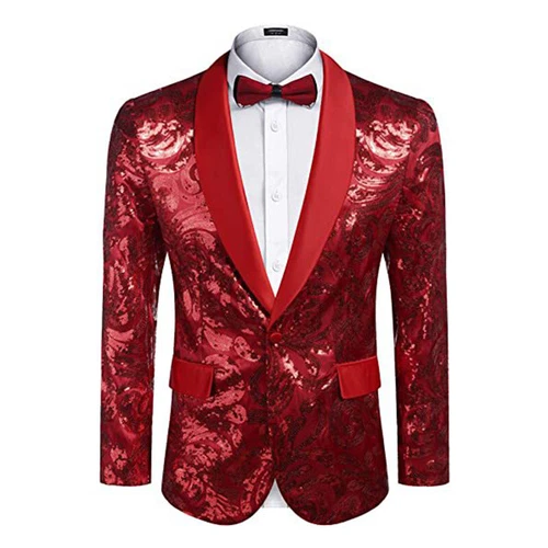 Men Lapel Jacket Blazer Suit Floral Sequin Shawl Coat Party Showman Costume Slim - Picture 3 of 24