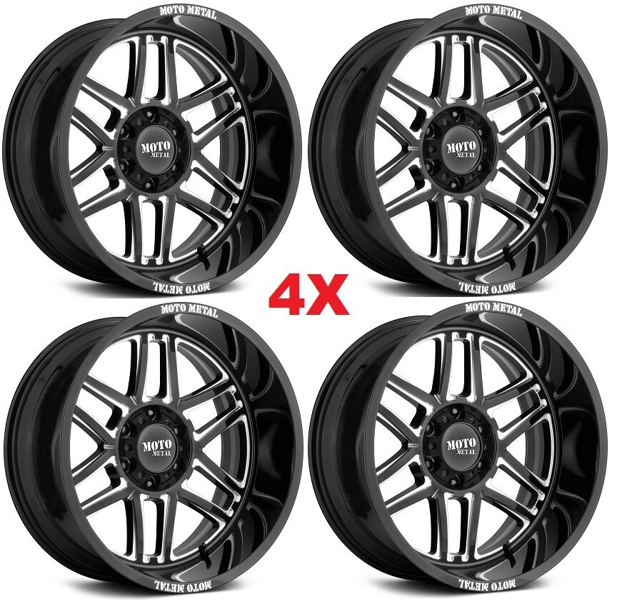 GLOSS BLACK MILLED DEEP LIP DISH WHEELS RIMS TIRES 33 12.50 22 W/ FUEL TIRES MT