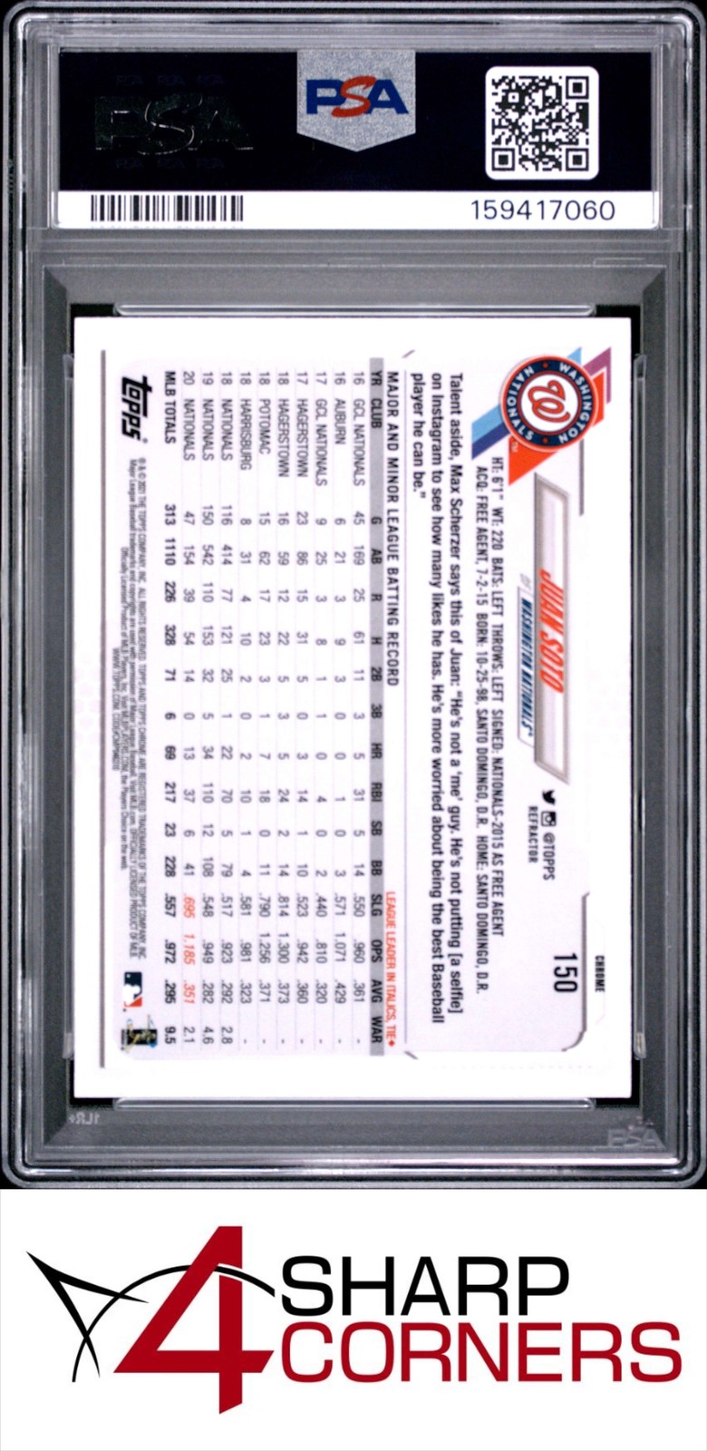 2021 TOPPS CHROME REFRACTOR #150 JUAN SOTO NATIONALS PSA 10 view 2