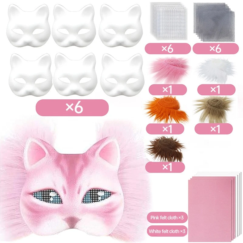 6pcs Halloween Mask Kit Paper Blank Masks Half Face Hand-painted Cat Mask DIY - Image 4 of 4