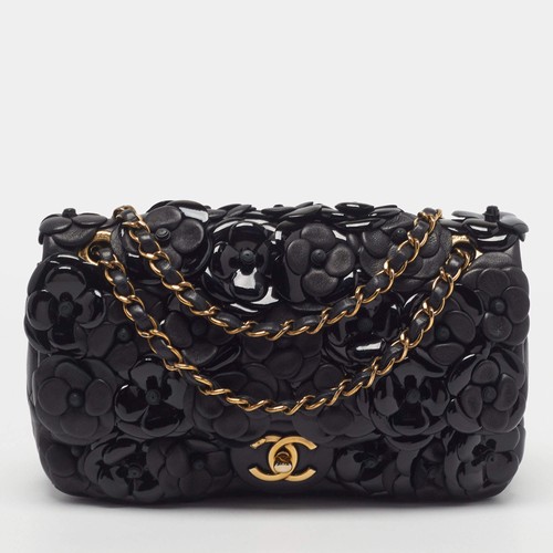 Chanel CC Camellia Medium Black Quilted Patent and Leather Flap Bag