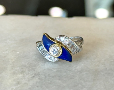 Vintage 1950's Diamond and Lapis Platinum & 18KT Gold Ring