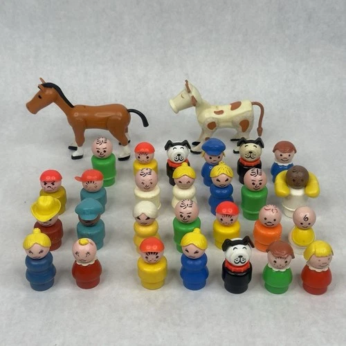 Lot of 29 Fisher Price Little People Vintage Wood & Plastic Horse Cow Baby Dog