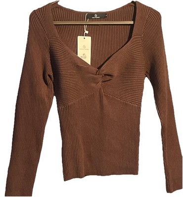 LILLUSORY Ribbed Twist Front Sweater L Boutique Style Minimalist Cozy Trendy 