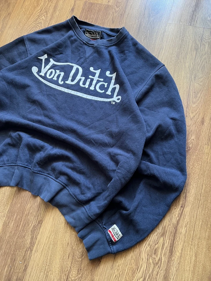 Sudadera De Colección Von Dutch Logo Grande Para Hombre XL Azul Marino Cuello Redondo Y2K Foto 2 de 4