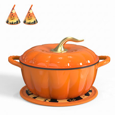 5 QT Pumpkin Shaped Cast Iron Dutch Oven with Lid, Halloween Pot Mat, Oven Mitts