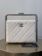 CHANEL Quilted Lambskin White Metal Bar Clutch Bag With Black Card Bridal