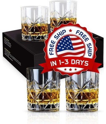 Juego 4 Vasos De Whisky De Cristal, Vaso Old Fashioned De 10 Oz Con Base Gruesa.