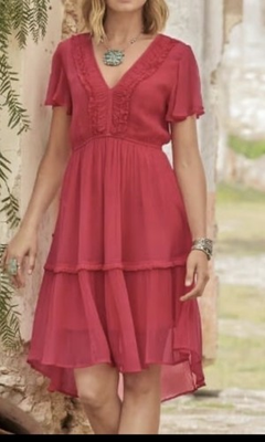 #ad Sundance Midi Dress Pink Crinkle Tiered Deep V Romantic Cottagecore Ruffles Sz S $25.00