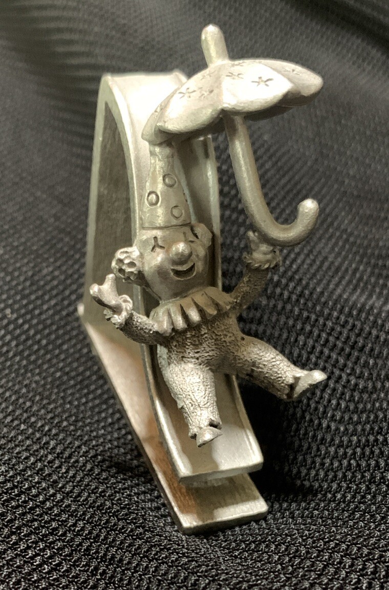 Vintage 1987 Spoontiques Pewter Circus Clown on Slide with Umbrella Collectible