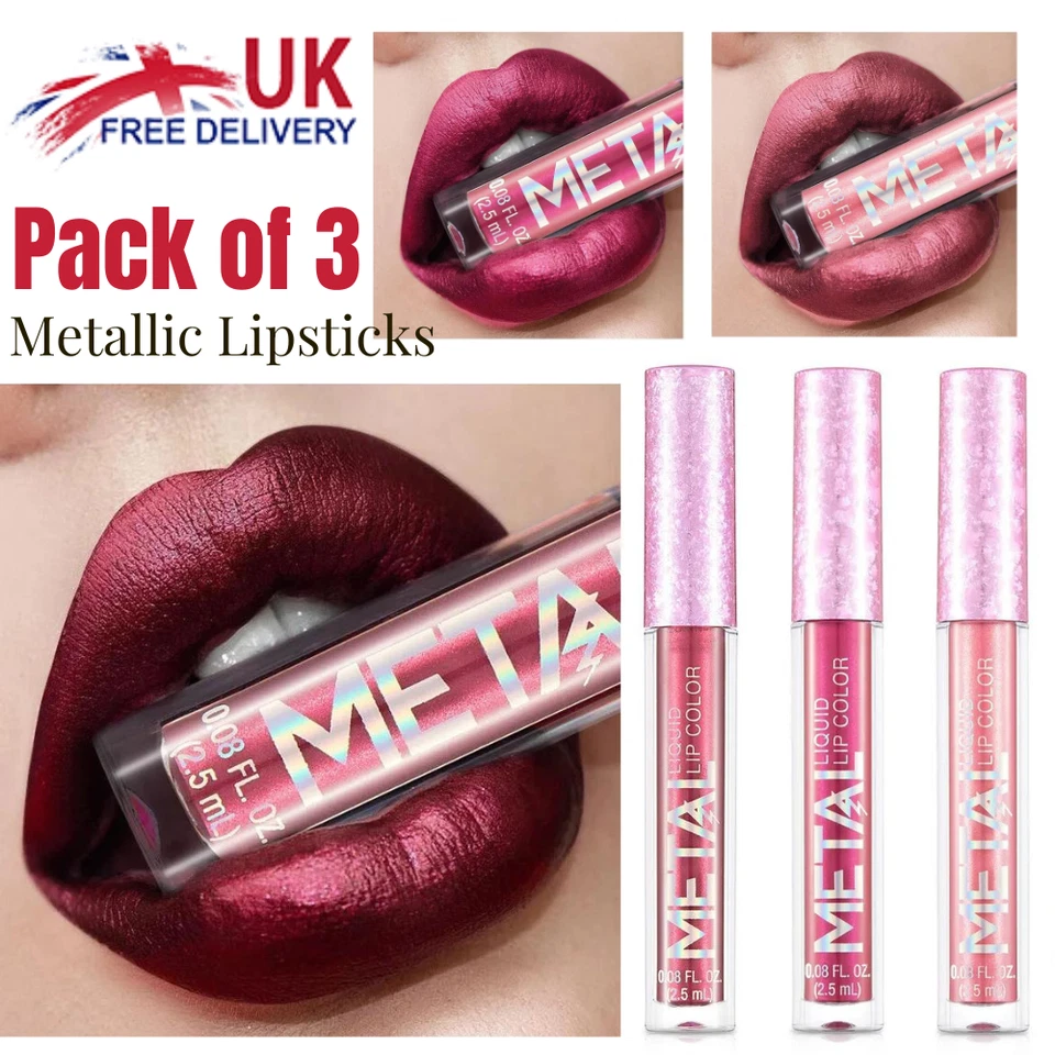Pack of 3 Matte Metallic Glitter Lip Gloss Liquid Lipstick Waterproof Lip Glaze