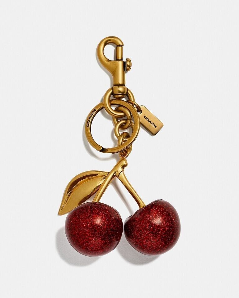 Coach Cherry Bag Charm KeyChain Glitter resin and metal Brass/Red Apple 