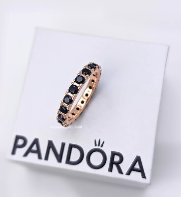 New 100% Authentic PANDORA Rose Gold Black Sparkling Row Eternity Ring  180050C02