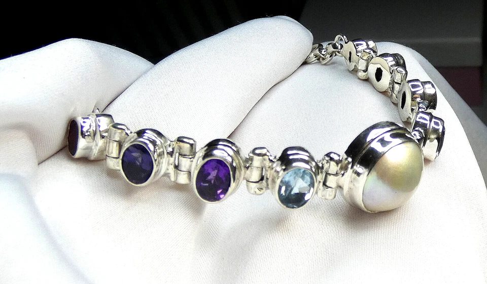 Perle, Amethyst, Iolith, Blautopas, Granat Armband 925 Silber ca. 25 g UNIKAT - Bild 3 von 4