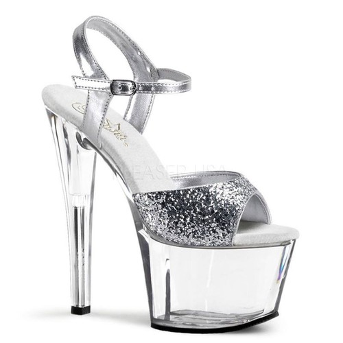 Pleaser Sky-310 extreme platform sandals clear silver glitter table dance gogo.