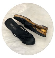 Deadstock 1960s Vintage Black Gold Suede And Artisan Wood Wedge Sandals Sz 6