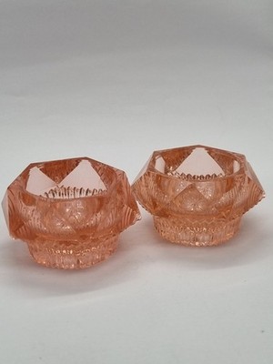Paar Vintage rosa Pressglas offene Salze Schmuck Geschirr facettiert geometrisch