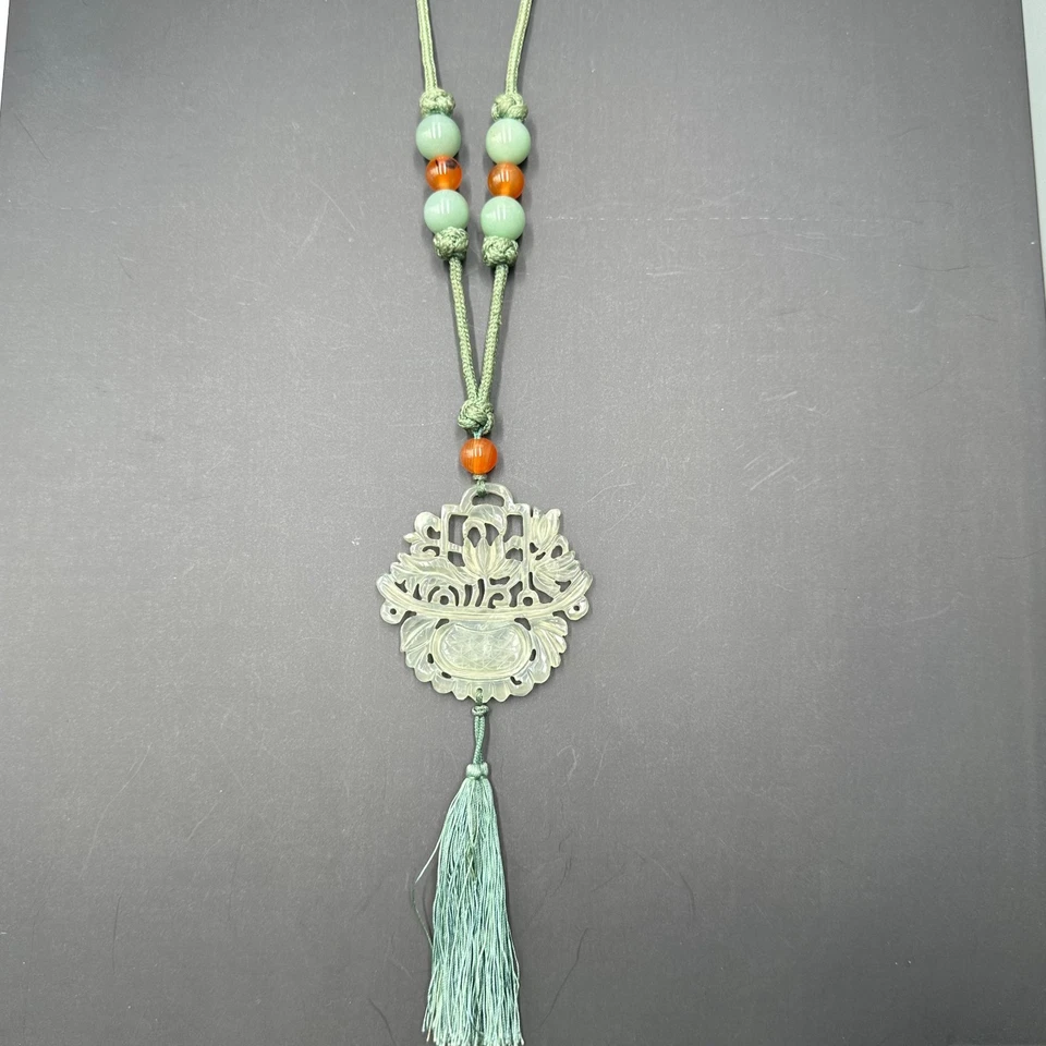 Collar Colgante Jade Tallado Cordón Verde Aventurina Cornalina Cuentas Borla 38" Foto 4 de 4