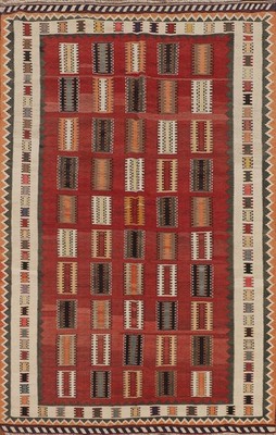 Red Kilim Vintage Area Rug 5x8 Hand-woven Geometric Vegetable Dye Tribal Style