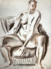 Sitting Female Figure–Bertram Hartman–20th Century Conte Drawing–NYC Modernist