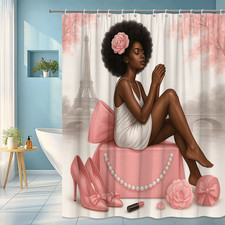 Elegant Pink Shower Curtain with Floral Design and Eiffel Tower