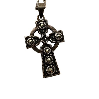 Solvar Sterling Silver 925 Celtic Irish Cross Pendant Marcasite Sterling Chain