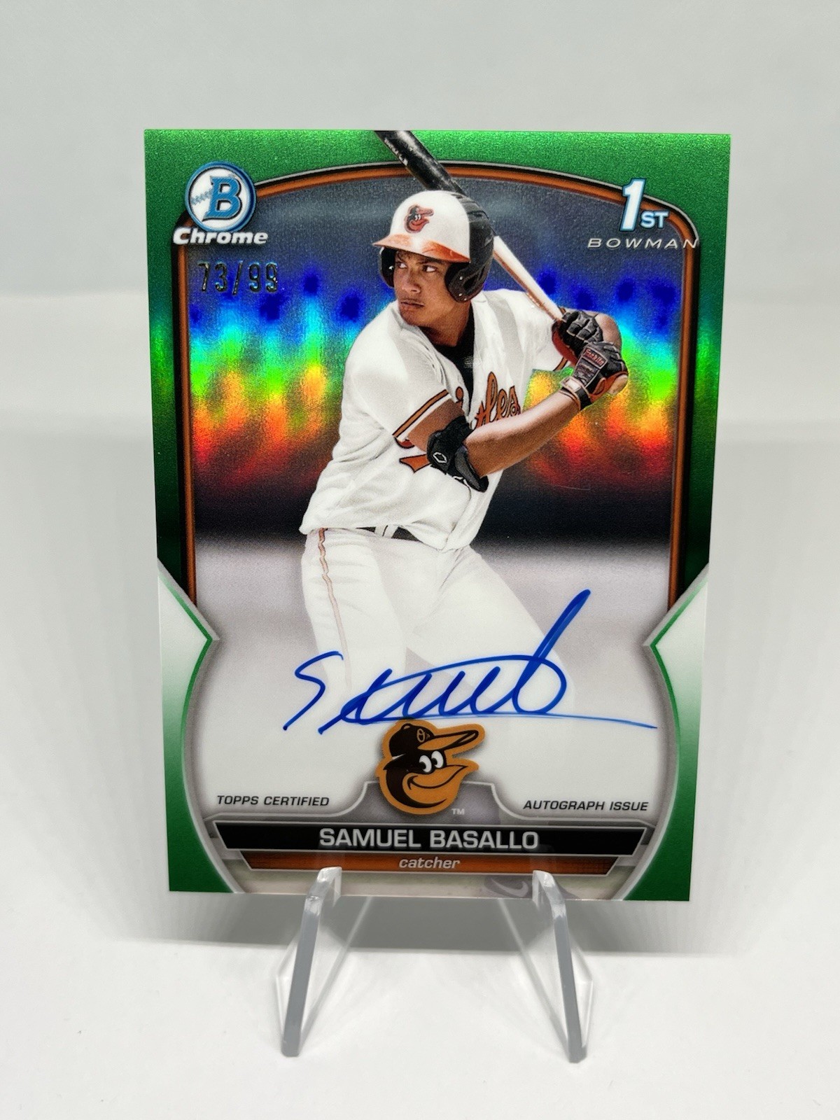 Samuel Basallo 2023 Bowman Chrome 1st Green Refractor Auto /99 Orioles Card