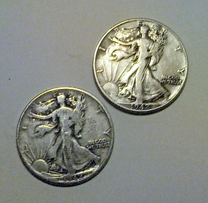 Lot of Two 1942 Walking Liberty Half Dollar Coins, 90% Silver