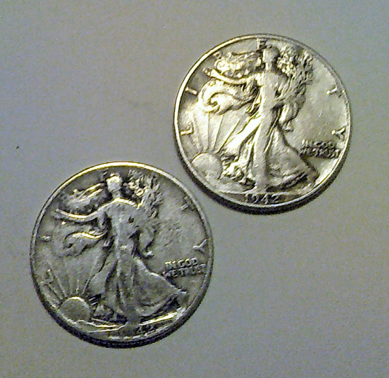 Lot of Two 1942 Walking Liberty Half Dollar Coins, 90% Silver