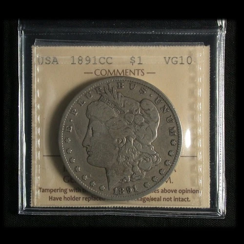 United States 1891-CC Morgan Dollar  ICCS VG-10 with even medium grey toning