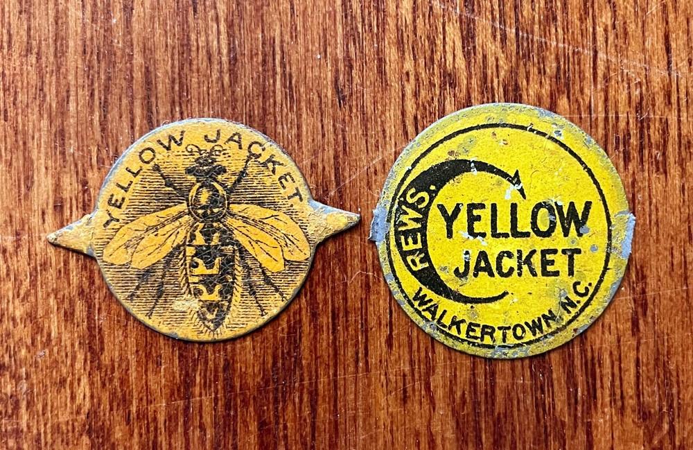 Vintage YELLOW JACKET Tin Tobacco Tags from Walkertown NC with Bee Hornet Graphics