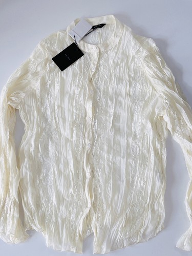 Women Lace Wrinkle Scrunched Button Up Beige Sheer Shirt | eBay Australia