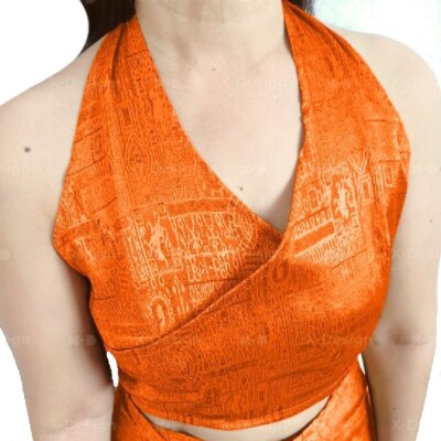 Womens Halter Neck Blouse Crop Top Open Thai Silk Blend Orange Casual Sleeveless