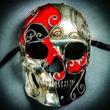 Venetian Mardi Gras Skull Full Face Mask - Red Silver Black