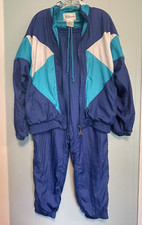 Vtg Wilson Track Suit Windbreaker Pants Blue White Teal Nylon Zip Jacket Wm's Lg