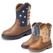 Boys Girls Kids Western Cowboy Boots Side Zipper Mid Calf Riding Boots