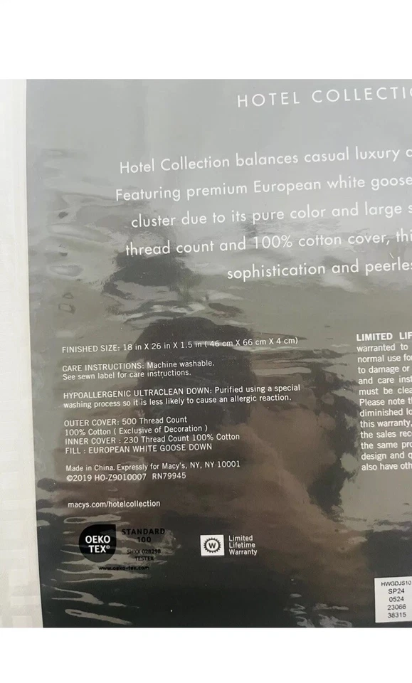 Hotel Collection European Goose Down Soft Density Standard Pillow- New - Image 3 of 3