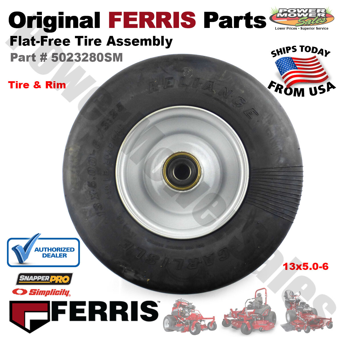 Genuine Ferris Flat-Free Tire Assembly (13x5.0-6) for Lawn Mowers