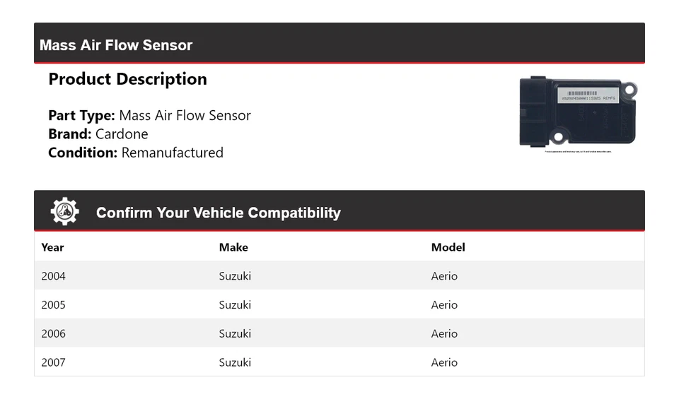 Sensor de flujo de aire de masa Cardone 2005 2006 para Suzuki Aerio 2004-2007 Foto 2 de 4