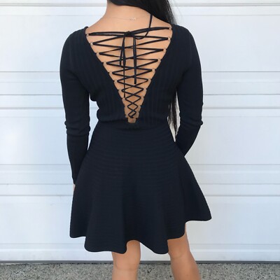 Women's Topshop Ribbed Fit and Flare Dress Lace up Back, Black, Size 4 |  eBay