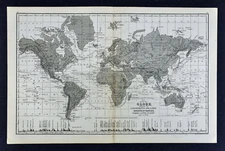1876 Mitchell Map World Map Physical Relief with Mountain Height Ocean Currents