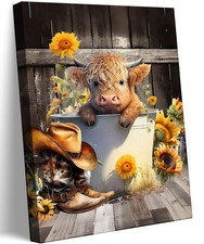 Funny Farmhouse Cow Baby Canvas Wall Art Cute Sunflower Highland Cattle Wall ...