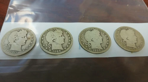 4 Barber Quarters, 1908 &1911 , ($1.00 face) 90% Silver Coins