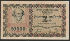1923 GERMANY (WURTTEMBERG) 20,000 MARK NOTE