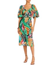 Farm Rio Puff-Sleeve Midi Dress Tropical Banana Foliage SIZE XS Reg $285 NWT
