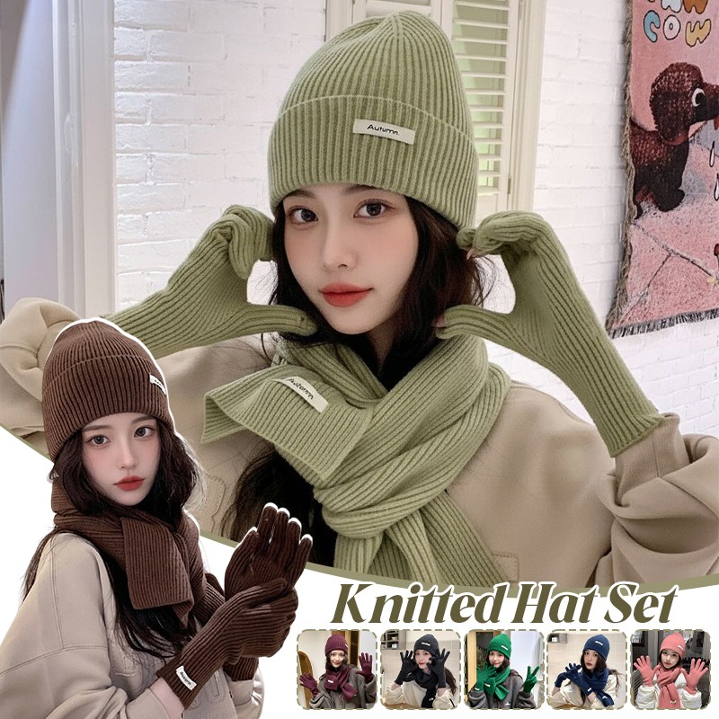 3pcs Knitted Hat Set Winter Women Scarf Gloves Soft Warm Outdoor Windproof Set