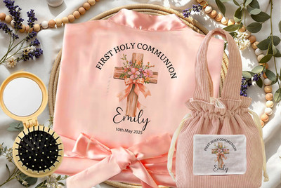 Personalisiertes Kinder Satin Morgenmantel Set - Kinder Morgenmantel mit passendem Beutel