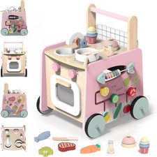 Wooden Baby Walker 4-In-1 with Push Walker Toys, Play Kitchen Accessories, Toddl